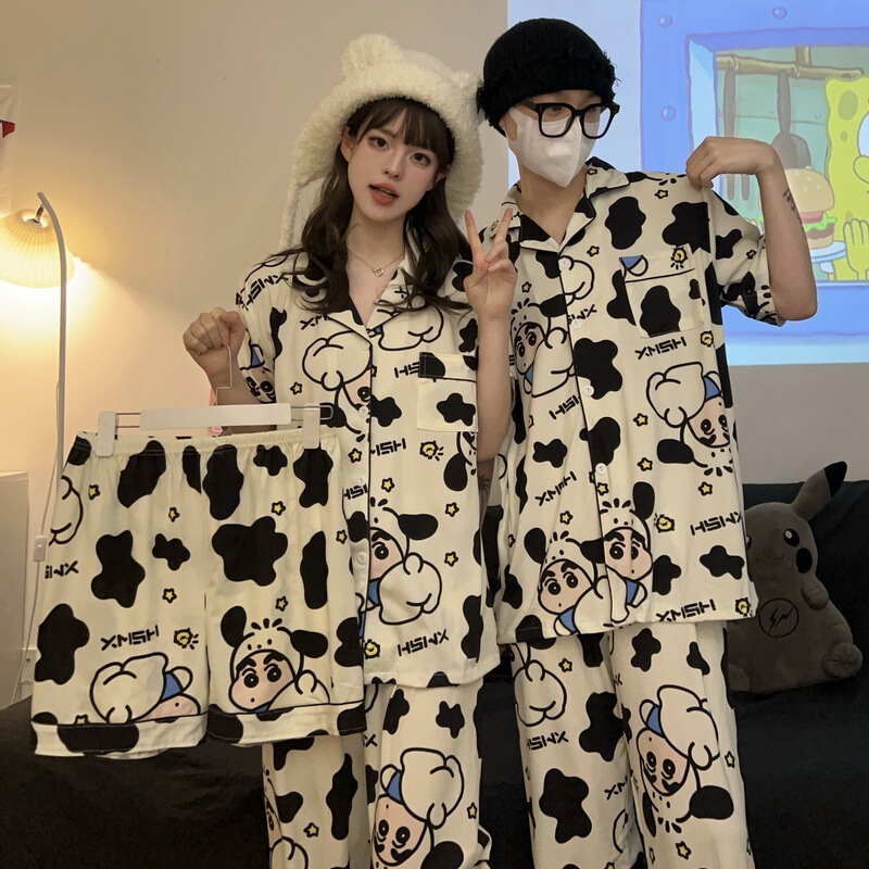 Factory Couple Pajamas Female Cartoon Cow Small New Spring and Autumn Short-sleeved Loose Cute Three-piece Suit Summer Home Clothes