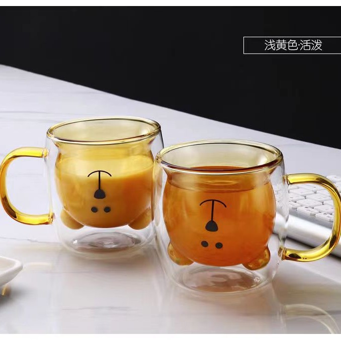 Internet celebridad lindo ins doble capa de vidrio con mango oso taza de café del hogar taza de beber taza de jugo de leche