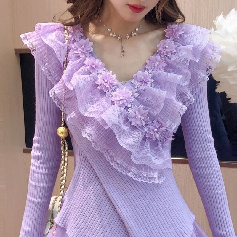2025 Autumn and Winter Heavy Beaded Lace Spring New Sweet V Neck Beaded Flower Slim Knitted Knitwear