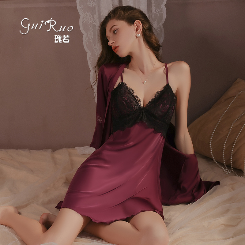 Guiruo Large Size Sexy Pure Color Pajamas Casual and Comfortable Suspender Nightgown with Chest Pad Silky Home Wear Set 2621