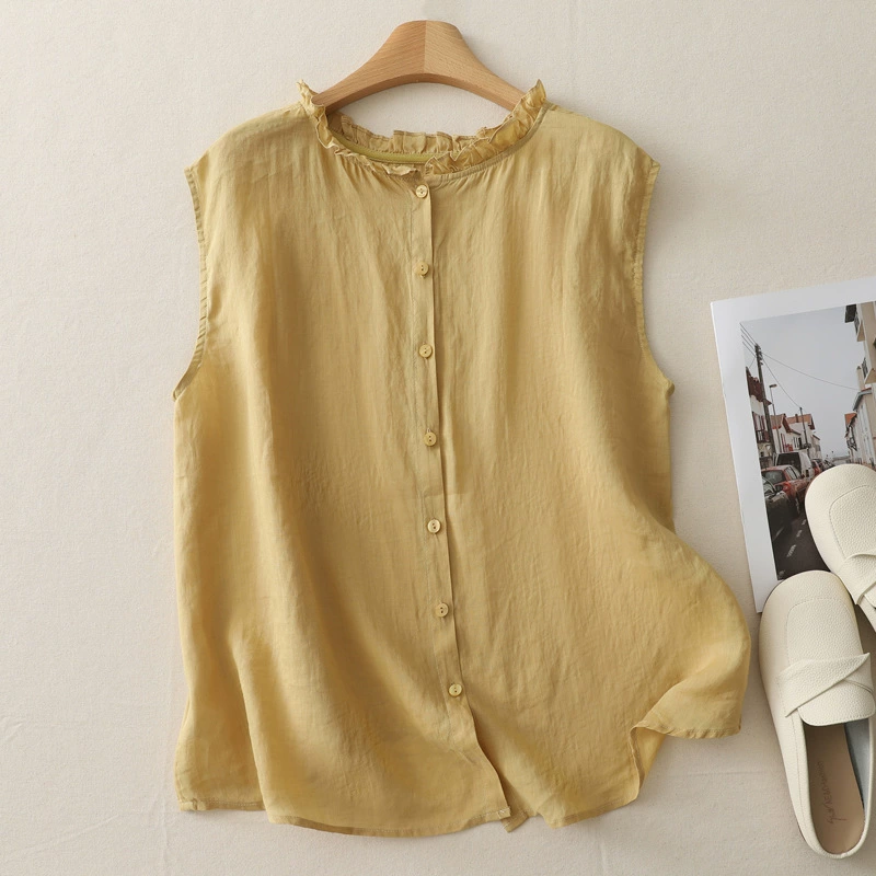 Настоящая фотография женской рубашки с двусторонним грибовидным воротником, новой летней рубашки без рукавов в стиле ретро, ​​однобортного кардигана.