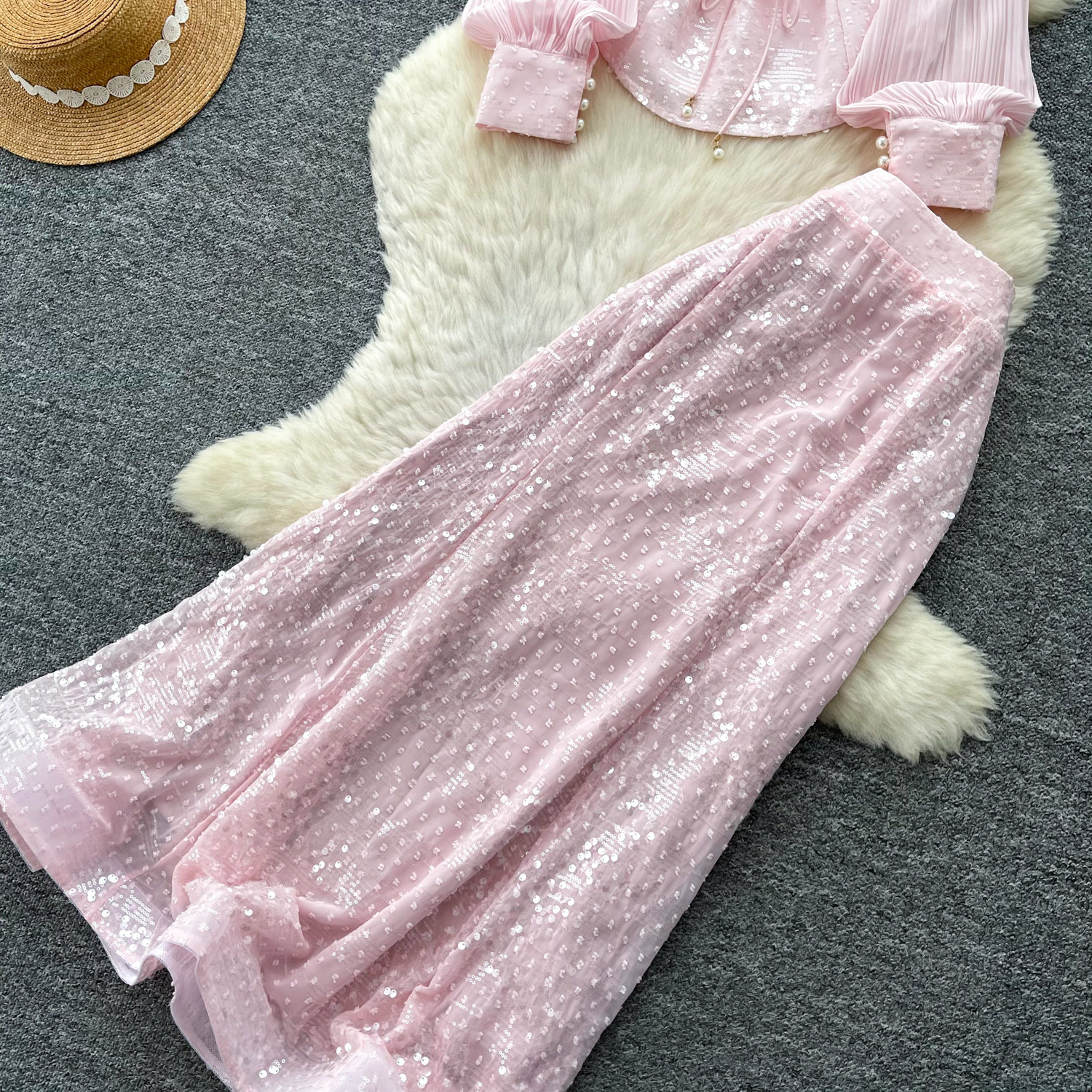 Women's French Style Sequined Mesh Pleated Two Piece Set With Fitted Waist Elegant Sophisticated Look For Spring Autumn_ecoleips.com