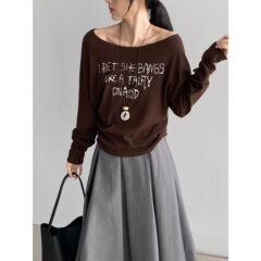 那末早秋氛围感斜肩字母t恤女软糯亲肤弹力大百搭长袖上衣N6109
