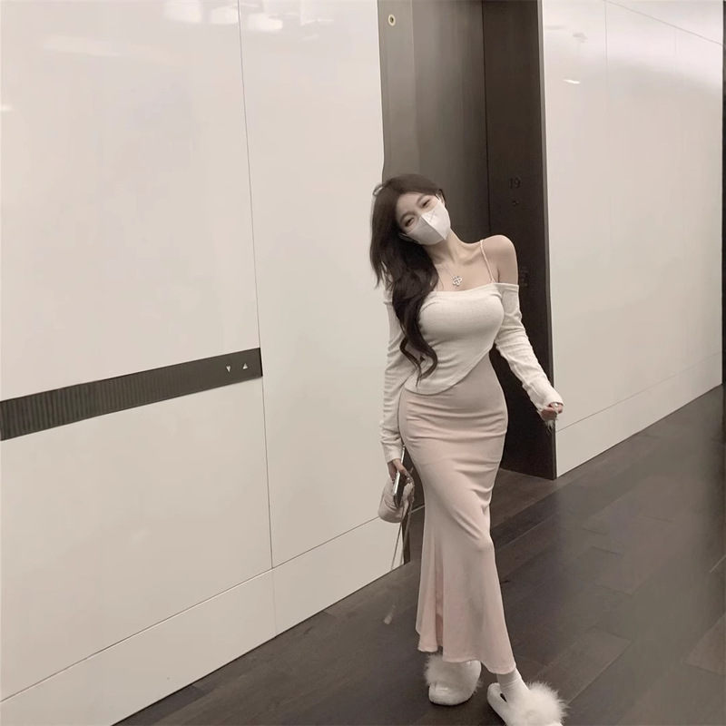 Autumn Pure Desire Suspender Dress Fishtail Long Skirt Suit Female Mommy Style Irregular Blouse Top Two-Piece Set