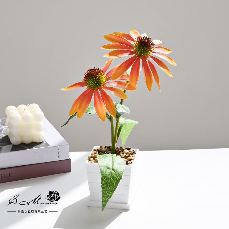 Nuevo estilo transfronterizo de dos cabezas de equinácea pequeño bonsái decoración de estudio fotográfico de hogar creativo decoración de planta verde artificial simulación en maceta image 10