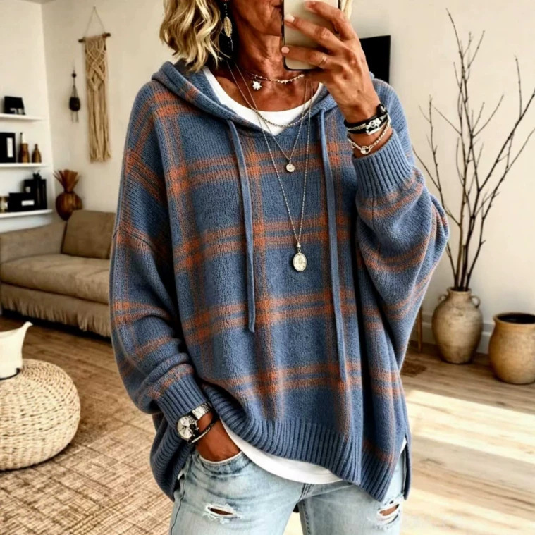 European and American retro plaid hooded knitted sweatshirt for women, loose fit, drop shoulder, drawstring pullover, casual outerwear top for women