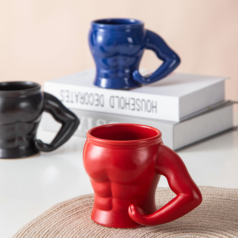 创意3D腹肌杯肌肉男造型杯彩色陶瓷马克杯咖啡杯黑色红色水杯瓷杯