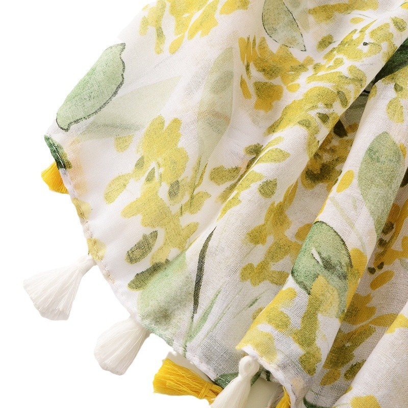 Fresco de primavera y verano bufanda delgada dulce brillante hojas amarillas impreso viaje protector solar chal de algodón y lino de las mujeres sienten la bufanda