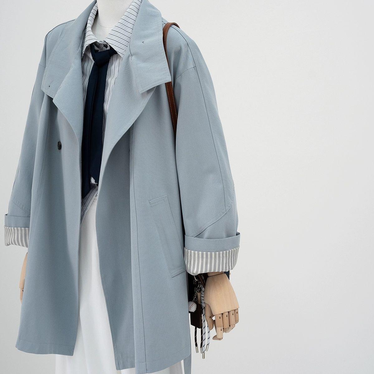Blue Fashion Striped Sleeve Trench Coat for Women 2025 Spring New Design Stand Collar Loose Mid-Length Coat