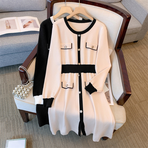 Large size women's clothing autumn and winter new French knitted dress, chanel style all-matching slimming sweater skirt
