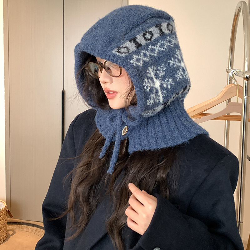 フェア島風毛糸帽子女子秋冬レトロ百合大頭囲保温ニット帽子顔小耳保護帽子