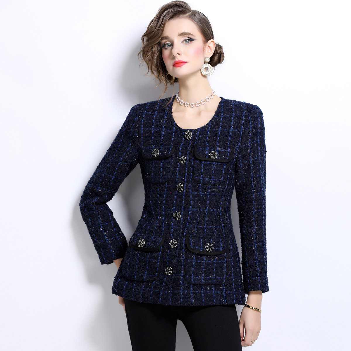 6997 Real Shot Autumn and Winter New Women's Tweed Elegant Long Sleeve Round Neck Cardigan Single Breasted Vintage Jacket