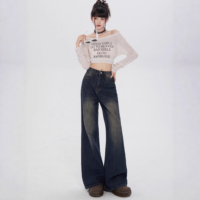 American Retro High Street Non-Stretch Flared Jeans for Women 2025 Autumn New High-Waisted Slimming Wide-Leg Pants