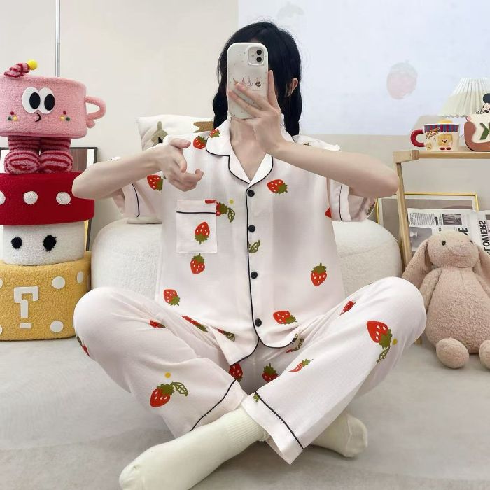 Vietnam transfronterizo al por mayor pijamas de verano para mujer, pantalones frescos de manga corta, cárdigan estampado, servicio a domicilio, dos trajes