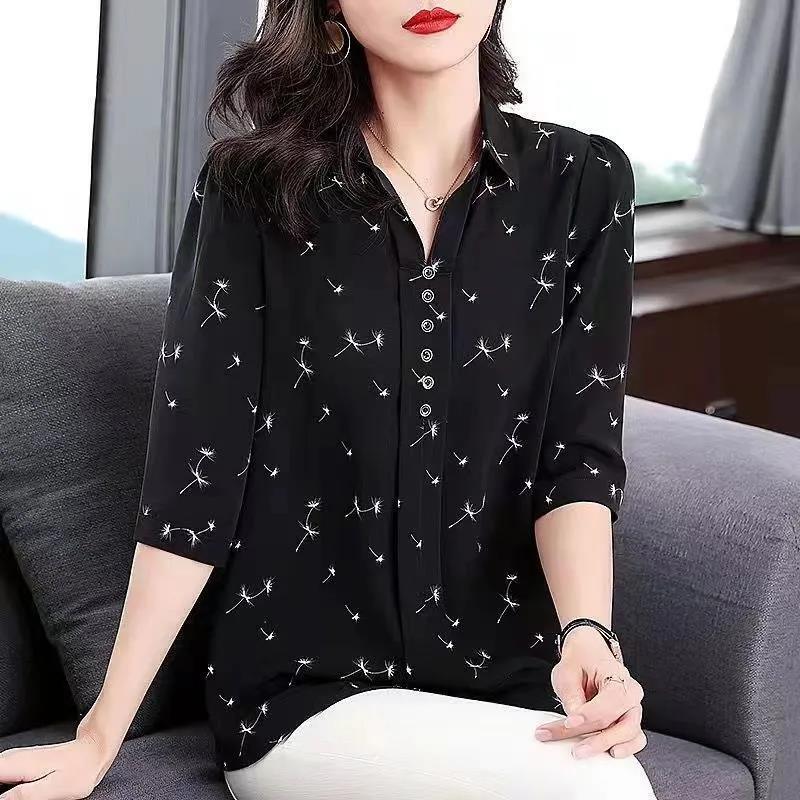 New Style Mid-Sleeve Shirt for Moms, Plus Size, New Spring and Summer Floral Print, Three-Quarter Sleeve Women's Top, Loose Fit New Style Mid-Sleeve Shirt for Moms, Plus Size, New Spring and Summer Floral Print, Three-Quarter Sleeve Women's Top, Loose Fit