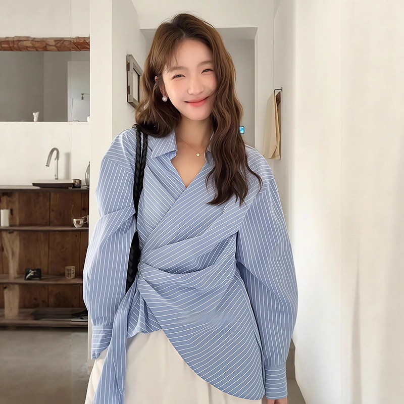 Korean-Style Elegant Tie-Waist Cross-Over Blue Shirt for Women, 2026 New Design, Unique and Distinctive Striped Top Korean-Style Elegant Tie-Waist Cross-Over Blue Shirt for Women, 2026 New Design, Unique and Distinctive Striped Top
