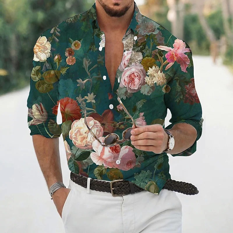 Transfronterizo 2025 primavera y otoño nuevo estilo de los hombres europeos y americanos más el tamaño de la camisa con estampado de plantas de rosas de manga larga