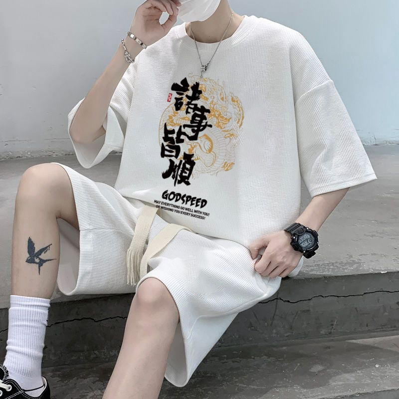 2026 Summer New Men's Casual Sports Suit Short-Sleeve T-Shirt Trendy Five-Point Shorts Loose Hong Kong Style Two-Piece Set