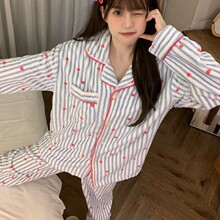 慵懒风条纹法兰绒睡衣女秋冬季加厚加绒甜美爱心少女家居服套装冬