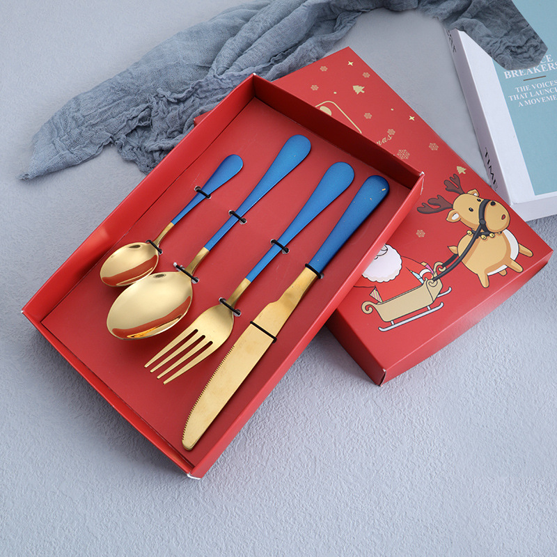 Amazon transfronterizo caja de regalo de Navidad cuchillo de acero inoxidable, tenedor y cuchara cuchillo de carne de cuatro piezas y tenedor cuchara de comida principal puede ser logotipo personalizado