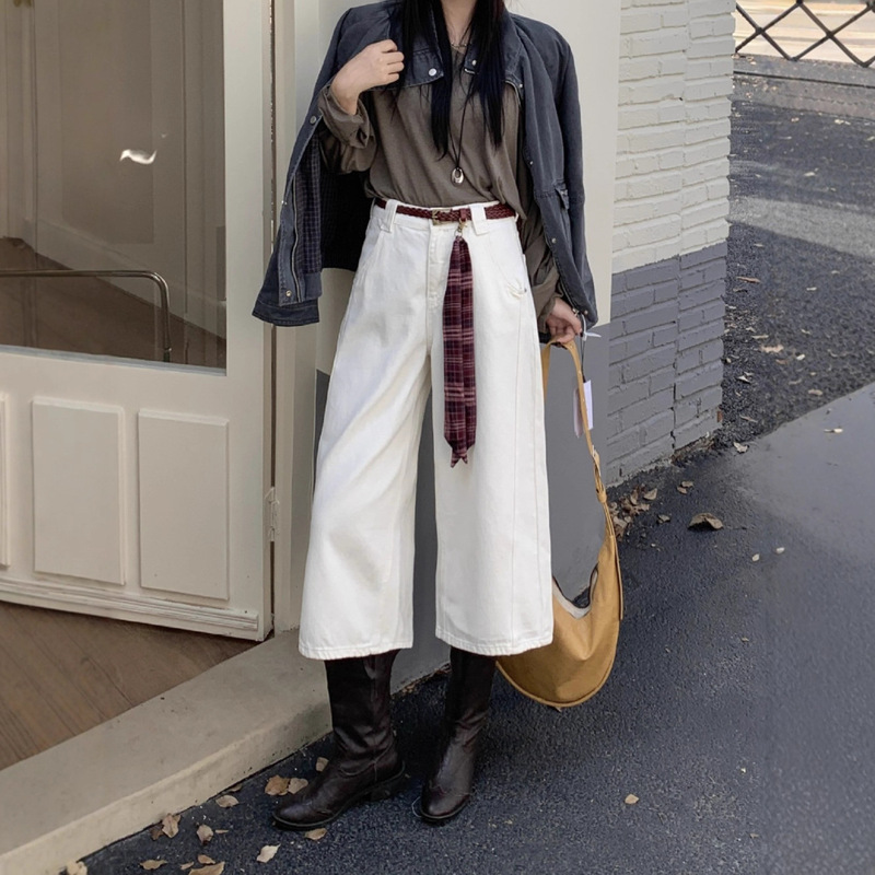 White Denim Capri Pants for Women, New American-Style Loose Wide-Leg Cropped Pants for Petite Sizes, Includes Belt