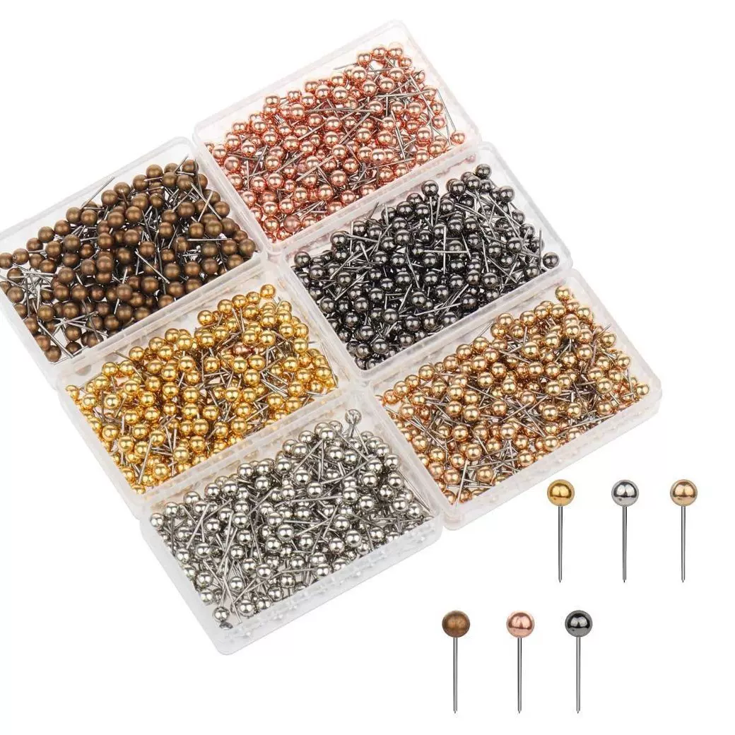 金属色圆球针盒装办公用品软木板大头针玫瑰金图钉金色银色地球针