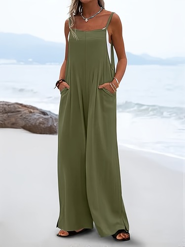 Fashion Women's Linen Jumpsuit Casual Pocket Detail New