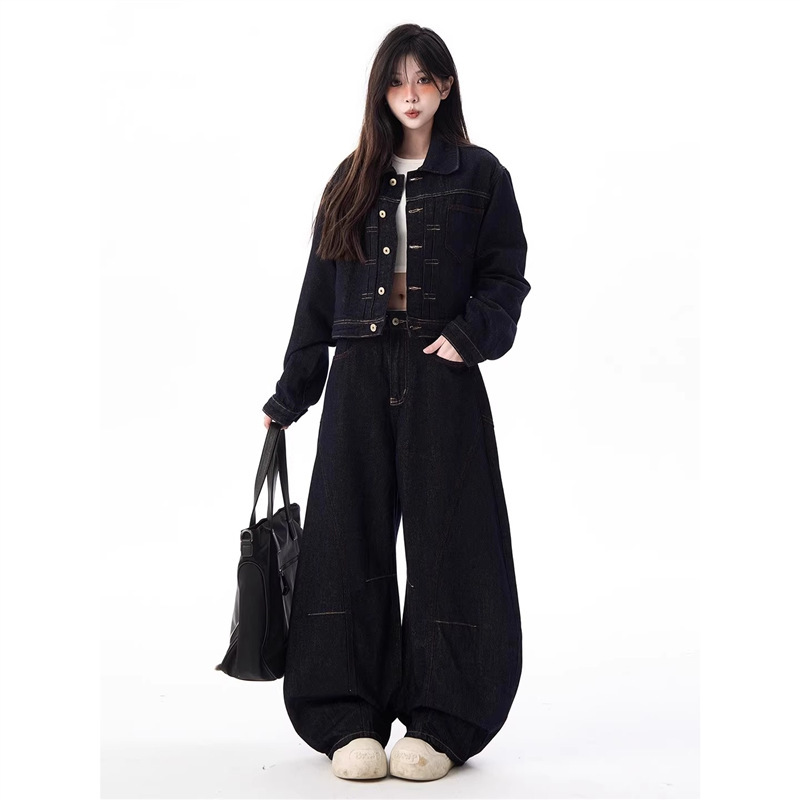 American Retro Primary Color Deconstructed Short Denim Jacket for Men and Women Cleanfit Wide-Leg Couple Scimitar Jeans