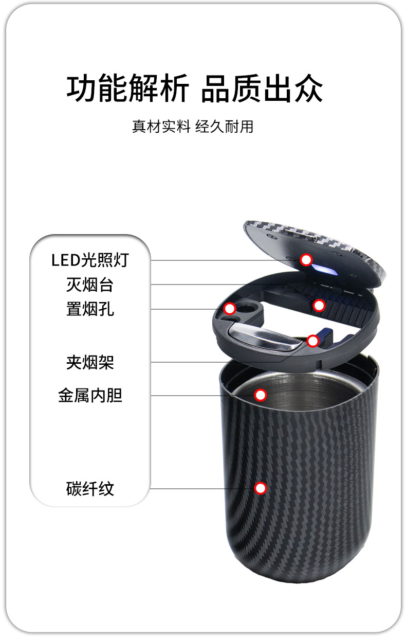 Car Ashtray with Light, One-Touch Opening, Alloy Inner Container, Anti-Fly Ash, In-Car Smoking Gadget