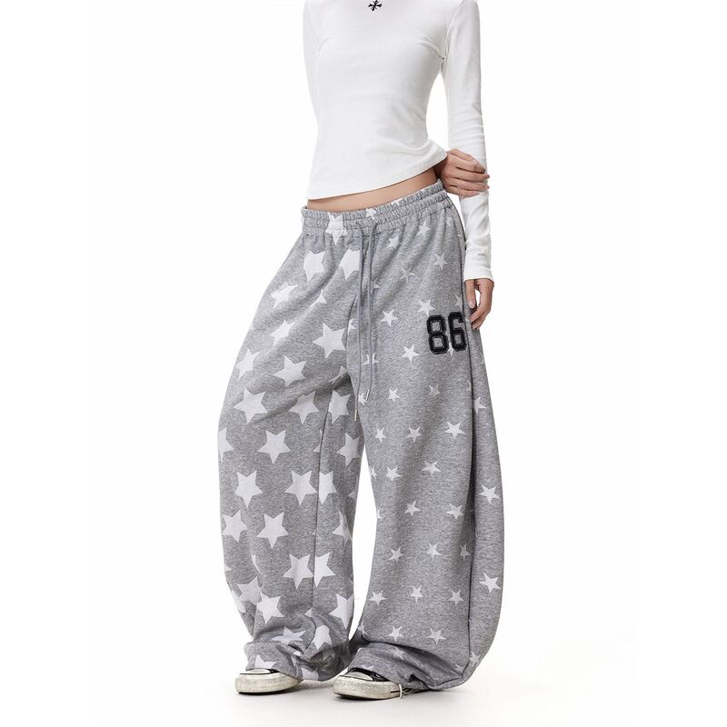 Korean Style Popular Star-Printed Elastic Sweatpants for Men and Women, Loose Casual Lazy Style Wide-Leg Drawstring Jazz Dance Pants Korean Style Popular Star-Printed Elastic Sweatpants for Men and Women, Loose Casual Lazy Style Wide-Leg Drawstring Jazz Dance Pants
