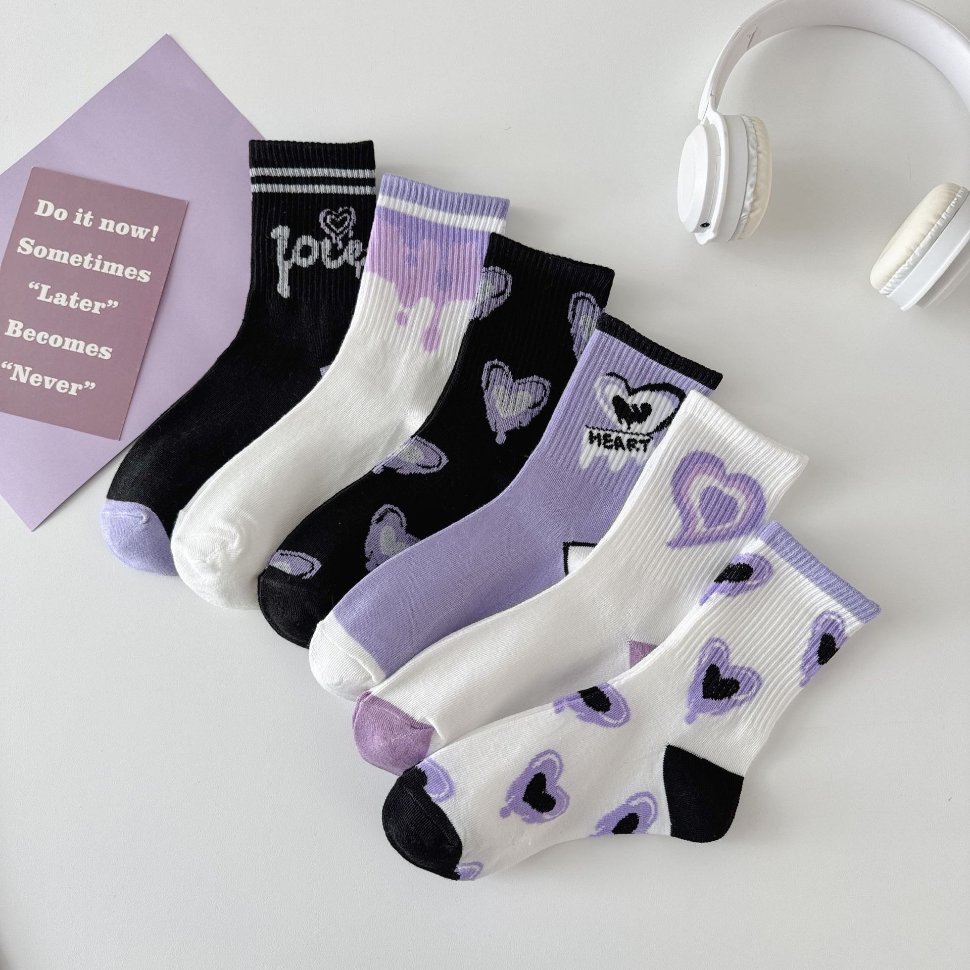 Calcetines finos hasta la pantorrilla para mujer, estilo coreano, modernos y versátiles, con diseño de corazón morado, para conjuntos de vestir, para otoño e invierno.
