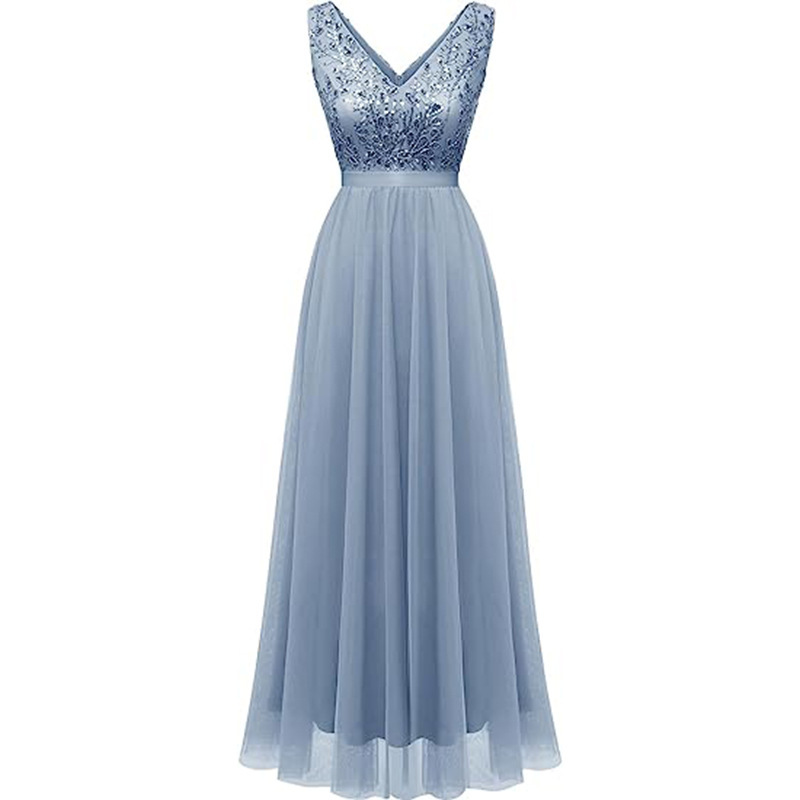 2026 European and American Style Chiffon Bridesmaid Dress with Double V-Neck, Long Sleeveless A-Line Gown with Sequin Embellishments for Spring