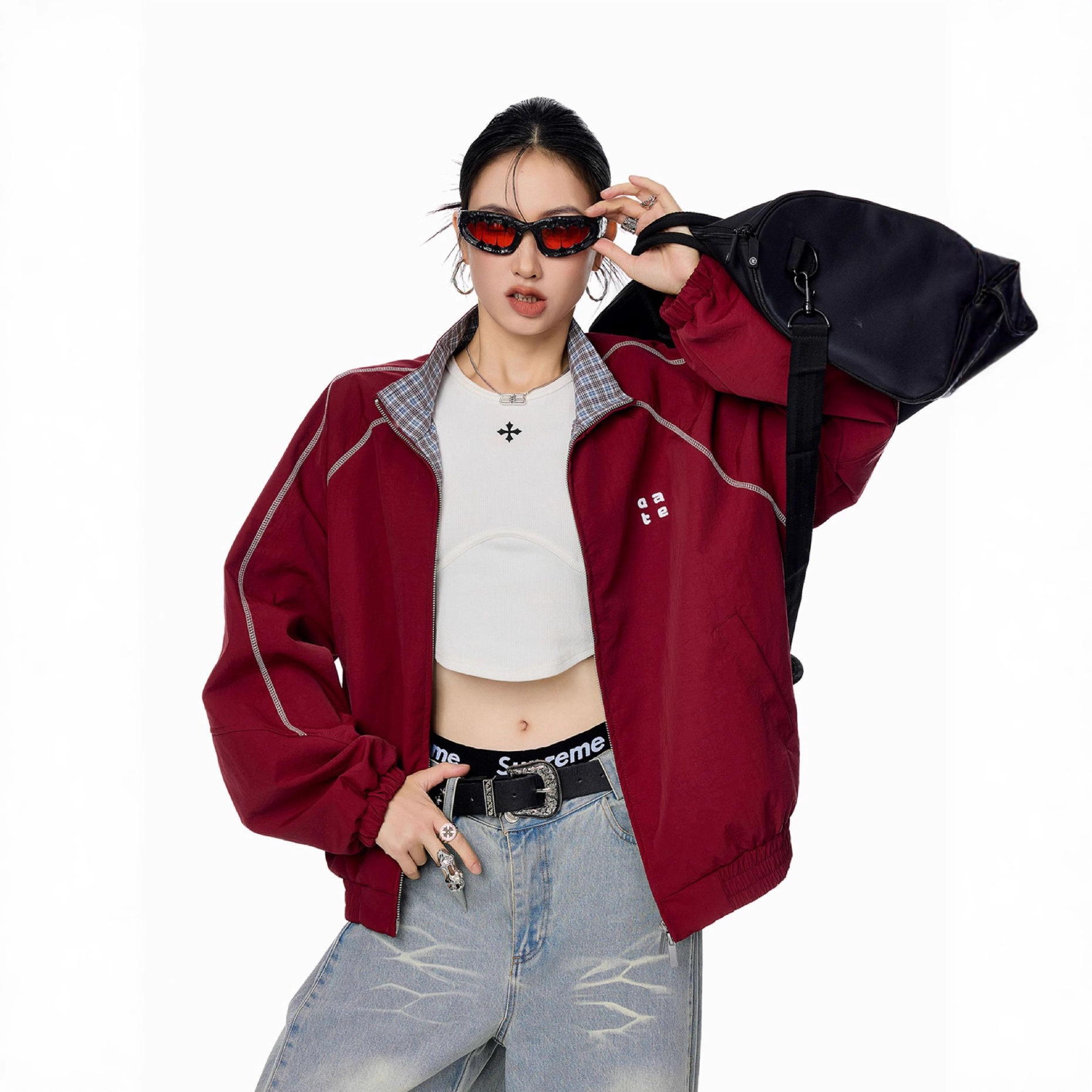 American-style plaid patchwork red jacket, unisex autumn street retro loose zip-up couple jacket sports top