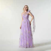 外贸单肩森系仙气晚礼服宴会甜美风紫色梦幻礼服裙长款生日主持人