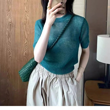 韩系蓝色针织短袖正肩t恤女夏季绝美短款小个子半袖上衣
