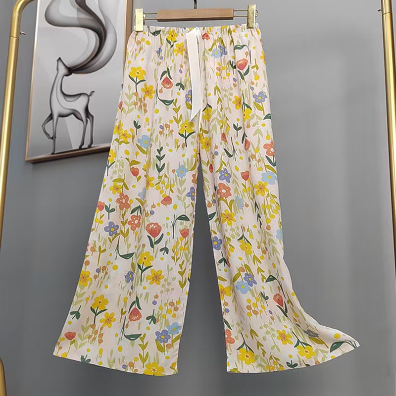 Pijama de seda de algodón para mujer, pantalones anchos de mujer embarazada de seda de algodón con estampado fino de verano