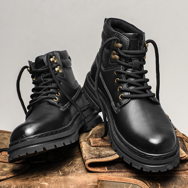 Putian hombre botas Martin aumento de altura en la parte inferior gruesa patada no mal al aire libre zapatos de herramientas de montaña de alta versión de cuero