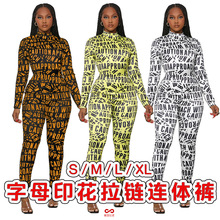 GL6617 欧美女装亚马逊跨境 仿胶带字母创意印花半高领拉链连体裤
