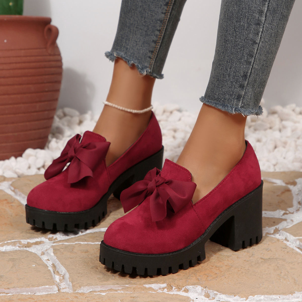 Women's plus Size High Heeled Shoes Bow Details Chunky Heel Platform Spring Fashion Footwear_voghion.com