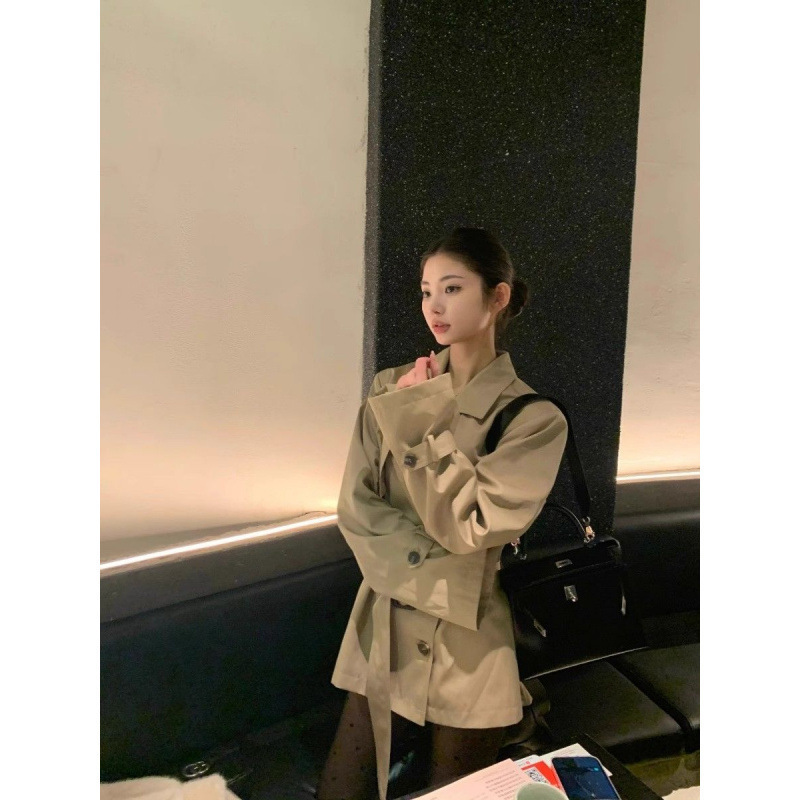 美式辣妹卡其色廓形双排扣中长款风衣秋冬感外套女涤纶半开领长袖|undefined