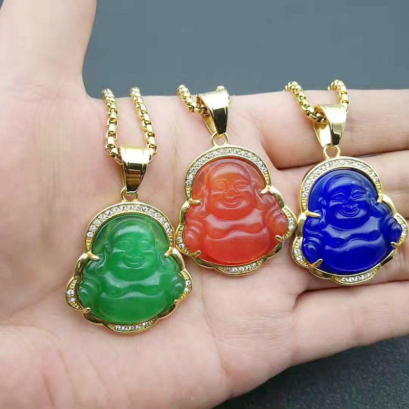 Unisex Gender Ethnic Style Buddha Stainless Steel Inlay Rhinestones Cat's Eye Stone Unisex Pendant Necklace Men Pendant Necklaces