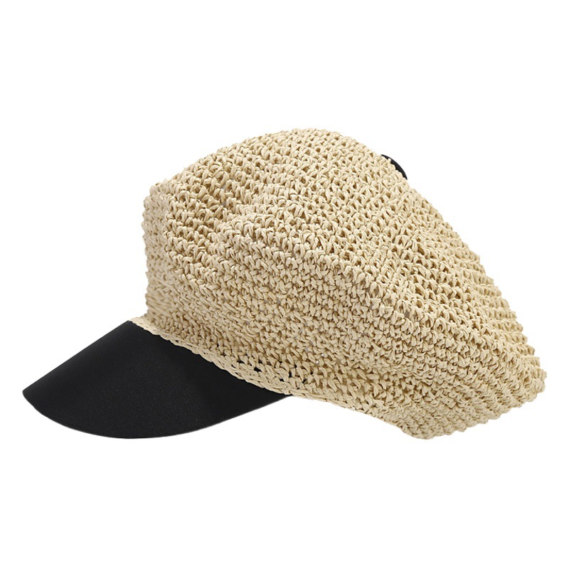 Francés retro hecho a mano paja ganchillo enarbolado gorra sombrero femenino verano viajes vacaciones costura personalidad Marina sombrero moda