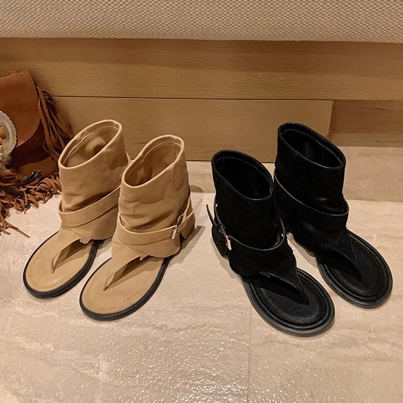 Grape Mom verano nuevo estilo de moda chica caliente hebilla de punta redonda para llevar sandalias de cuña de tubo medio verano femenino