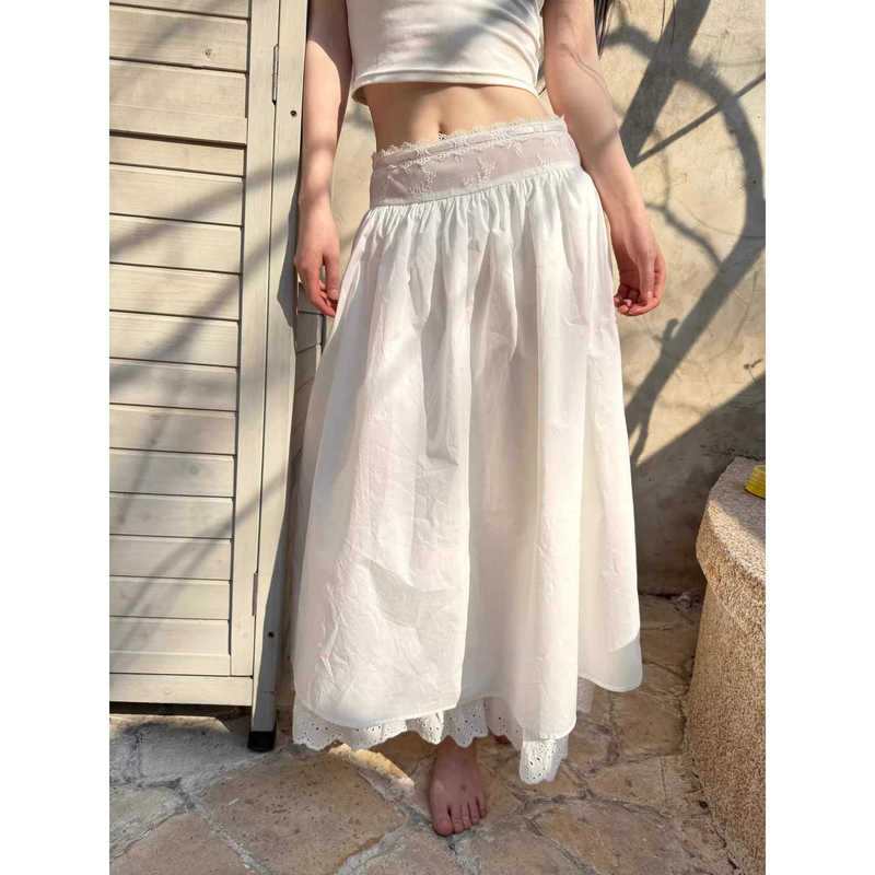 Real Price Spot White Design Lace Edge Splicing Skirt for Women 2025 Summer Unique and Beautiful Umbrella Skirt Long Skirt