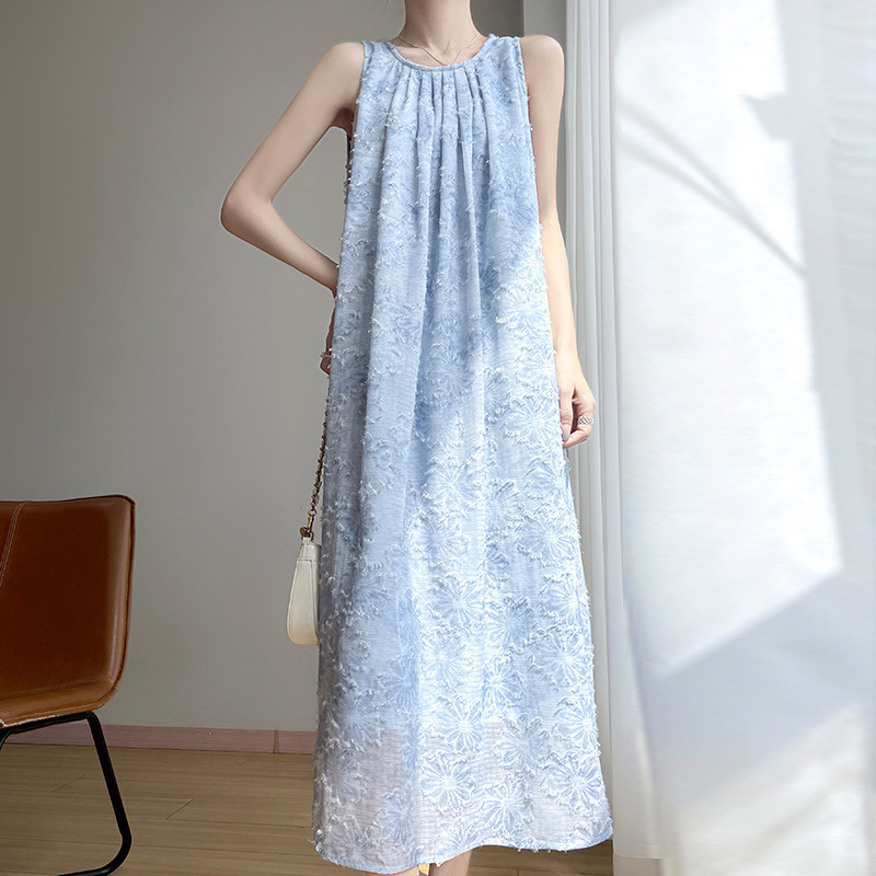 Summer New Silky Satin Knitted Sleeveless Dress Women's Round Neck Tassel Cutting Process Blue Long Skirt