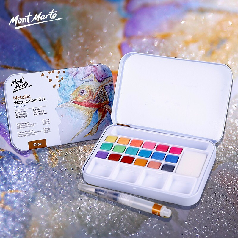 Monmart Watercolor Pigment Iron Box 18 Color Pearlescent Solid Powder Pigment Tap Pen Metallic Watercolor Pigment