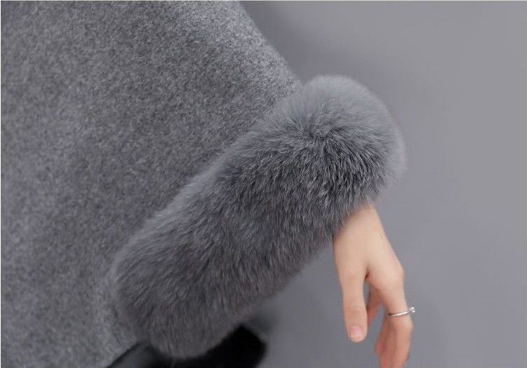Luxury Rabbit Fur Collar Cape Coat - Elegant Mid-Length Wool Blend, Sleeveless Batwing Design, Timeless Audrey Hepburn Style_voghion.com