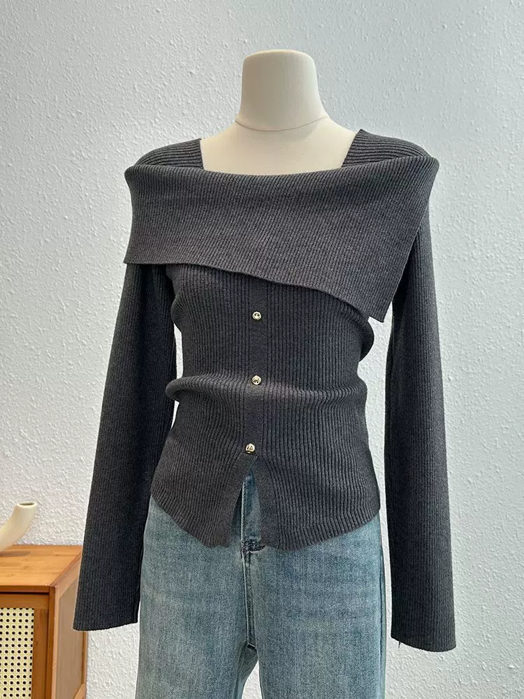 设计感小众针织衫女秋冬锁骨一字肩毛衣独特漂亮方领打底上衣女装