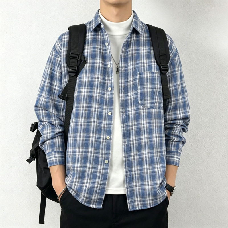 American Retro Plaid Shirt for Women, Trendy Hong Kong Style Casual Long-Sleeve Outerwear, High-Quality Plaid Shirt for Men