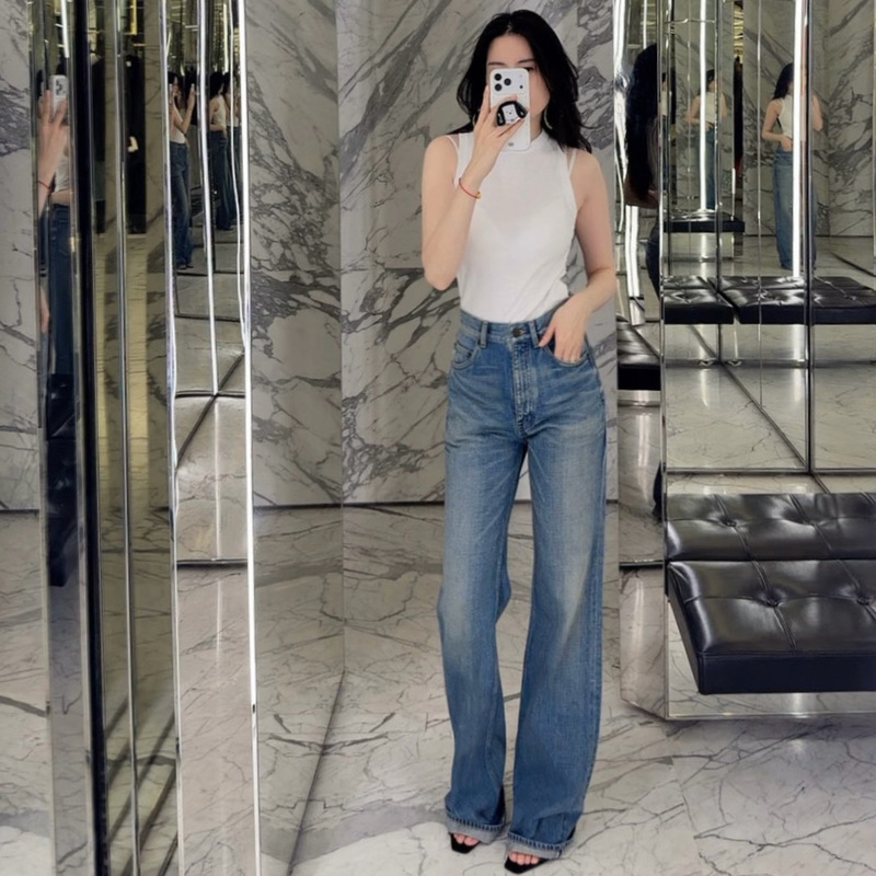 [in Stock] Ys*L High-Waisted Straight-Leg Vintage Washed Blue Loose-Fit Jeans for Women